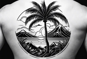 fineline tattoo of a palm tree with a volcano on the back tattoo idea