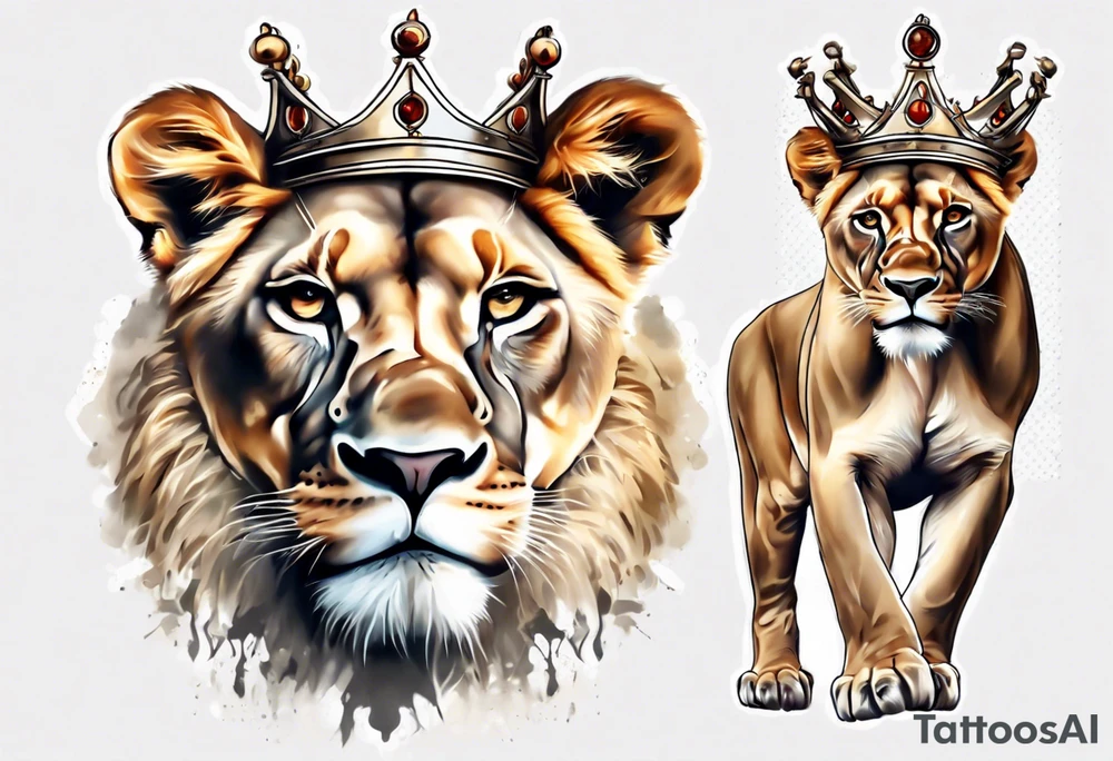 lioness with a crown realistic tattoo idea