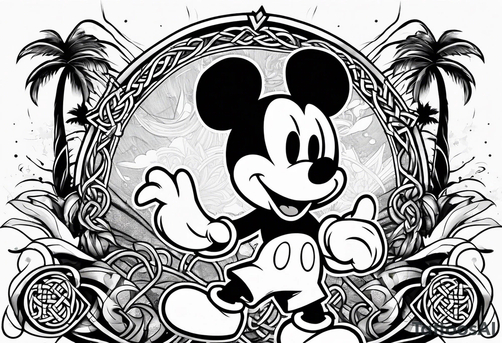 mickey mouse doing martial arts with palm trees, lightning storm and the celtic symbol for family tattoo idea