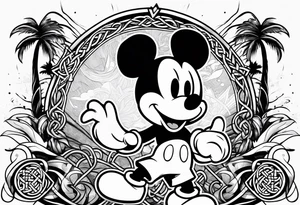 mickey mouse doing martial arts with palm trees, lightning storm and the celtic symbol for family tattoo idea