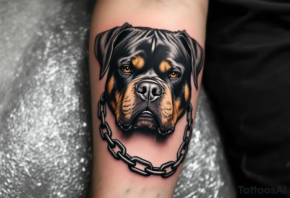 Rottweiler with Chains – A fierce-looking Rottweiler with a broken chain collar, symbolizing power and freedom. Black and grey with metallic silver chain detail. tattoo idea