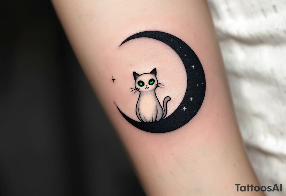 Tim Burton’s ghost cat glows faintly white with sunken green eyes, curled on a black crescent moon. tattoo idea