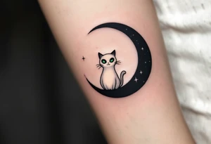 Tim Burton’s ghost cat glows faintly white with sunken green eyes, curled on a black crescent moon. tattoo idea