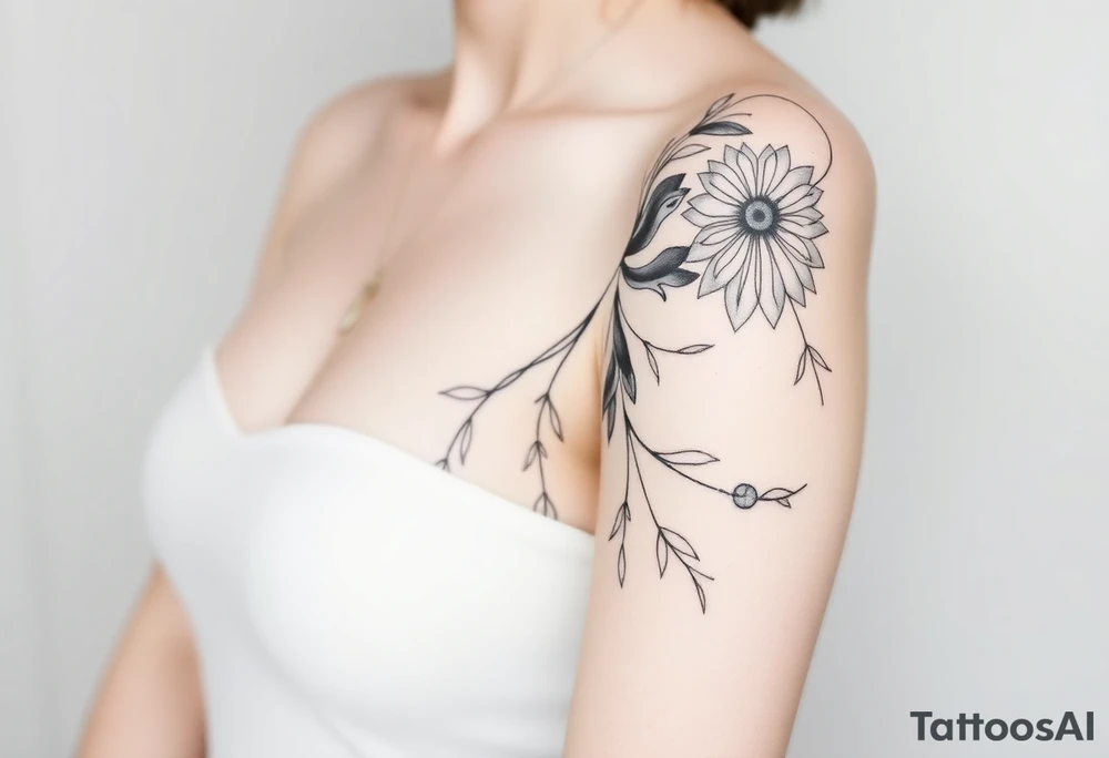 A mystical tattoo design for a woman, inspired by mythology. The artwork features a delicate yet powerful composition with elements from ancient myths—perhaps a goddess, a mythical creature, or enchanted symbols. The design should have a dreamy, ethereal feel with soft, blurred lines, creating a sense of mystery and fluidity. The shading should be smooth, with a watercolor or misty effect, making the tattoo appear almost like a fading legend on the skin. The overall aesthetic should be elegant, feminine, and slightly surreal. tattoo idea