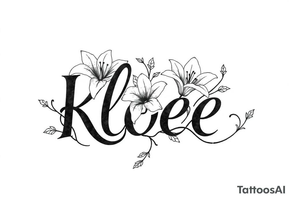 The word Kloee surrounded by big
lilies with the vines in letters tattoo idea