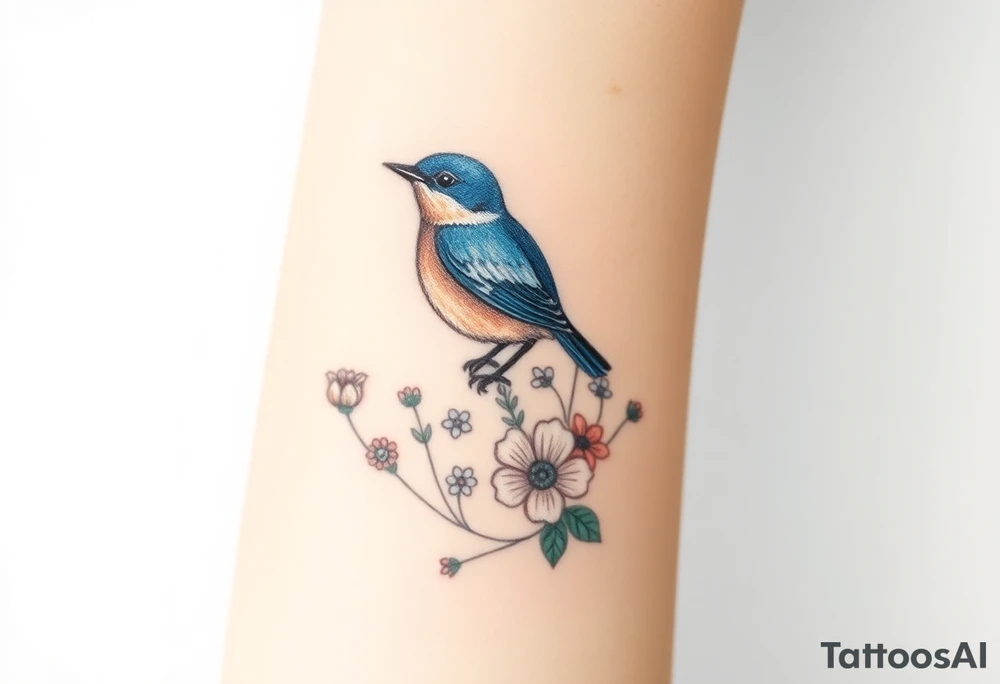 Bluebird with wild flowers around it tattoo idea