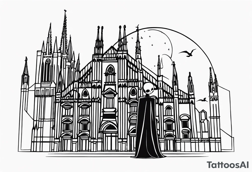 jack skellington leaning against milan cathedral and the date June 07, 2023 tattoo idea