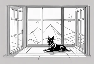 dog on floor and looking out tall octagonal window together tattoo idea
