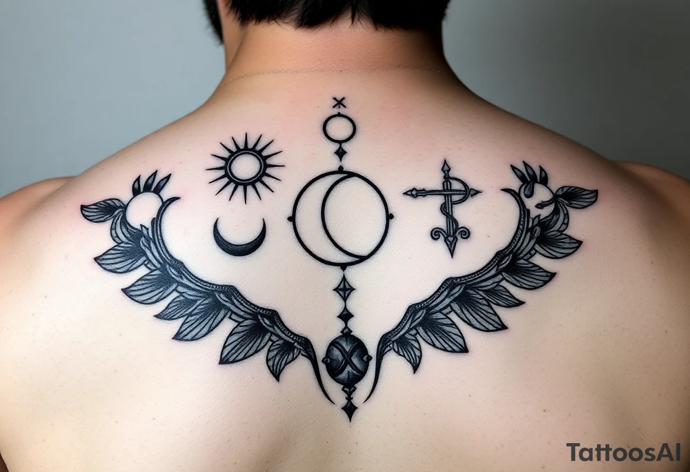 Simple line art tattoo that incorporates Capricorn (Sun), Gemini (moon), and Sagittarius (rising) signs— no shading— beginner friendly tattoo idea