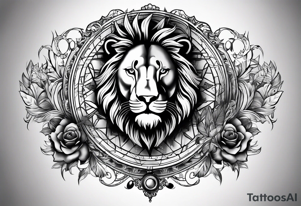 Shoulder  tatoo  include  compass,lion and a man. tattoo idea