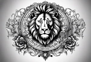 Shoulder  tatoo  include  compass,lion and a man. tattoo idea