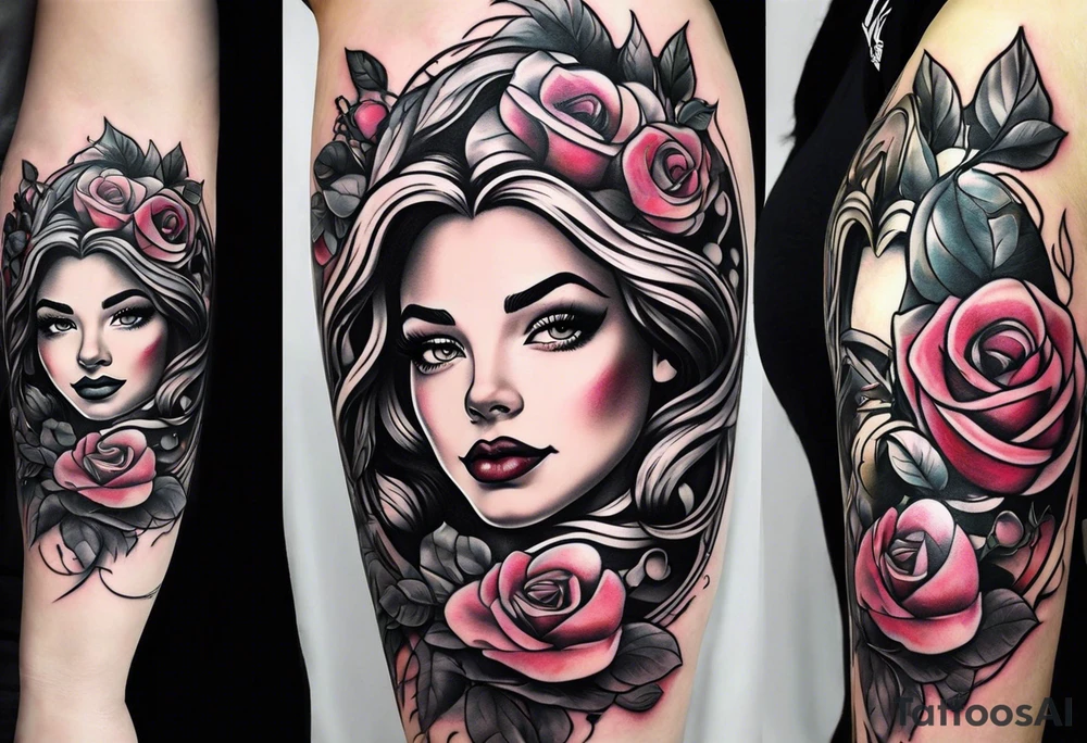Disney tattoos upper arm sleeve with beauty and the beast flower and rhe poison apple from snow white tattoo idea