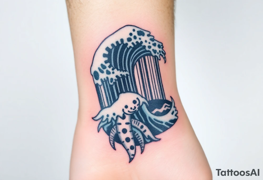 A barcode that seamlessly blends into high ocean waves with other sea life creatures tattoo idea