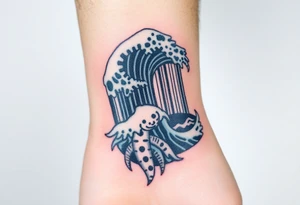 A barcode that seamlessly blends into high ocean waves with other sea life creatures tattoo idea