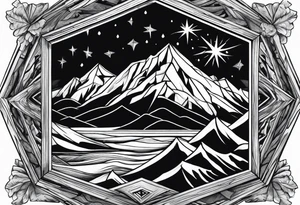 a diamond shaped window with waves crashing on a mountain and tress. 3 stars are in the sky tattoo idea