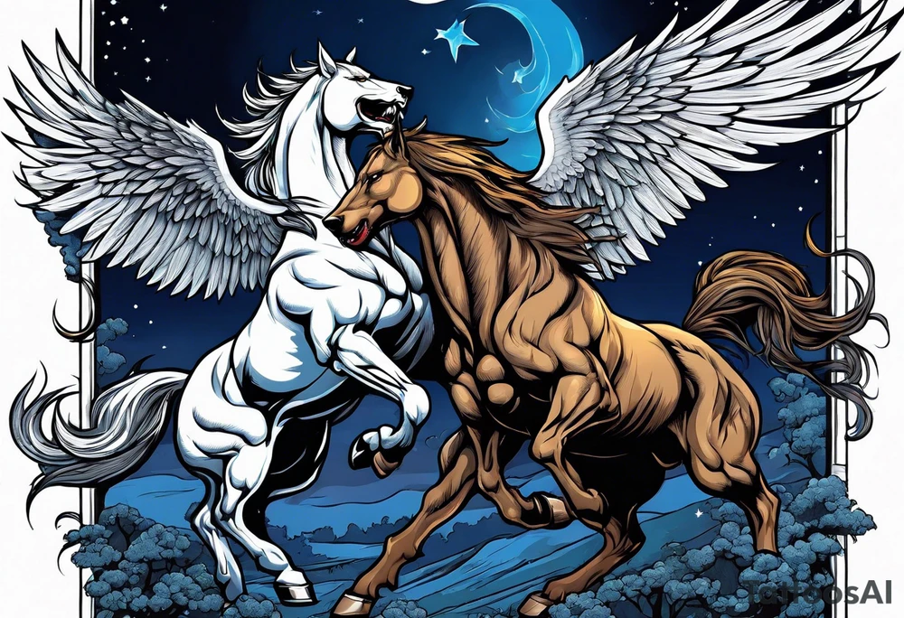 Muscular werewolf and Pegasus fighting in the night tattoo idea