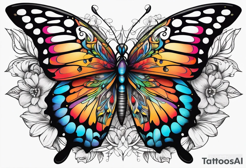 A vibrant butterfly with colorful wings, resting on a flower, showcasing transformation and beauty.” tattoo idea