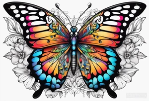 A vibrant butterfly with colorful wings, resting on a flower, showcasing transformation and beauty.” tattoo idea
