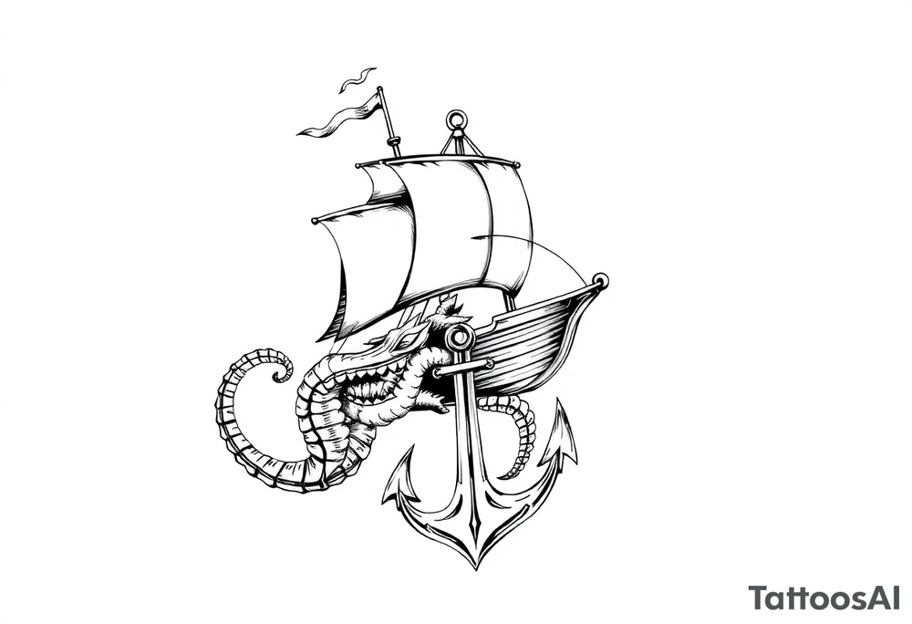 kraken, ship, sailor, anchor, sea, bird concept art tattoo idea