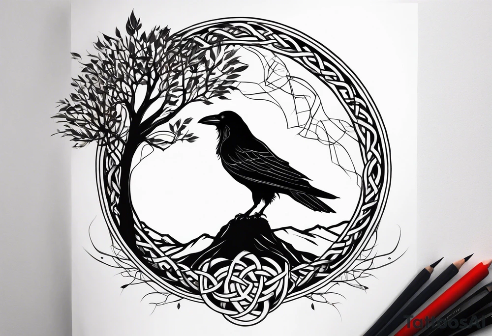 world tree with a raven and knotwork sleeve tattoo tattoo idea