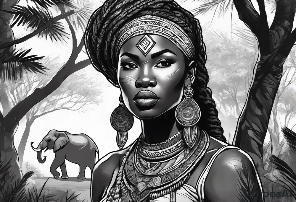 African woman warrior holding spear with earrings. Tribe marks on her face and trees,brids and elephants in the background tattoo idea