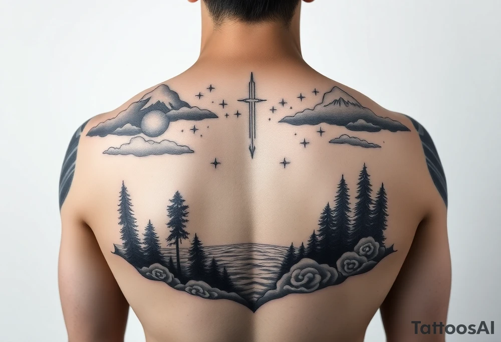 powerful ocean and forrest with rainy clouds with lighting sleeve for arm and stars and clouds tattoo idea