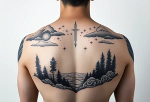 powerful ocean and forrest with rainy clouds with lighting sleeve for arm and stars and clouds tattoo idea