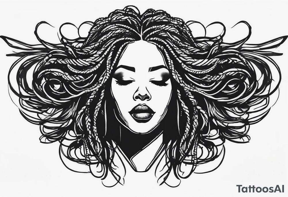 Draw a women head with real dread locks flying in the air tattoo idea