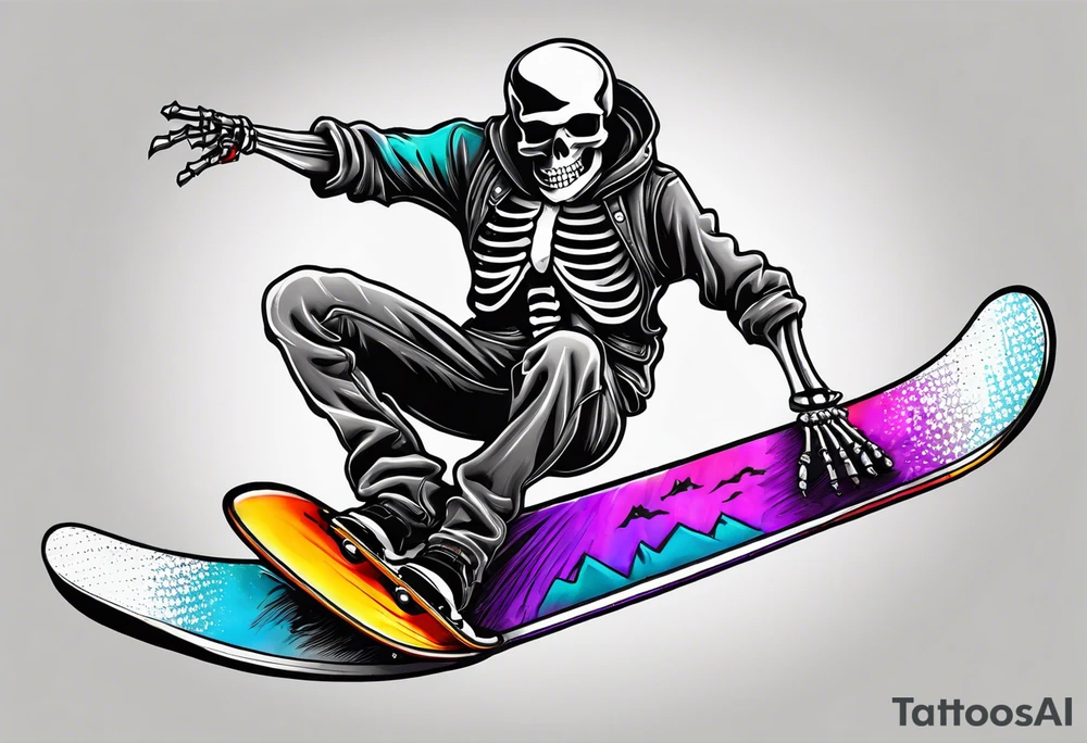 Black and grey skeleton riding a colorful snowboard doing a tail grab with a shot of whiskey in its hand tattoo idea