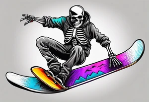 Black and grey skeleton riding a colorful snowboard doing a tail grab with a shot of whiskey in its hand tattoo idea