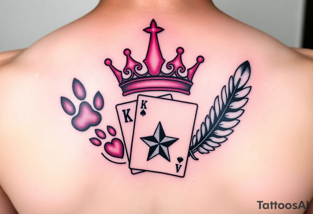 pink princess crown on top of puppy paw prints, king of hearts card, army camouflage star, feathers tattoo idea