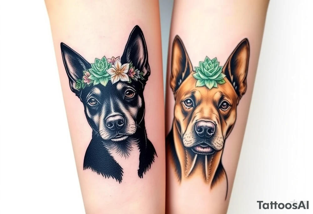 a black merle Australian cattle dog and a tan staffie with flowers and succulents around their heads tattoo idea