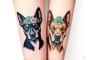 a black merle Australian cattle dog and a tan staffie with flowers and succulents around their heads tattoo idea