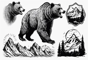 A growling grizzly bear standing on hind legs and inside the bear a realistic depiction of the triglav mountain in slovenia and under the sea pounding the mountain. All inside the bear tattoo idea