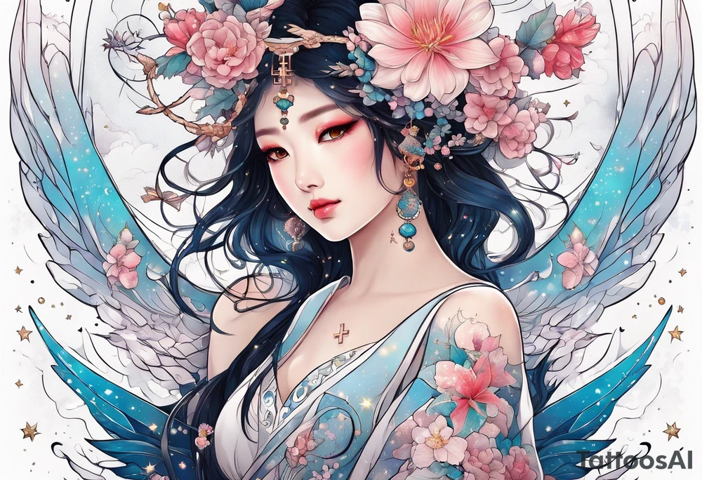 Constellation, wing , snow , cross , dragon female japan kawaii , flower tattoo idea