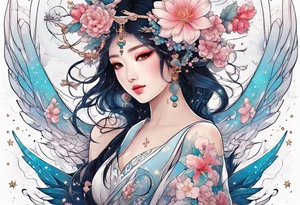 Constellation, wing , snow , cross , dragon female japan kawaii , flower tattoo idea