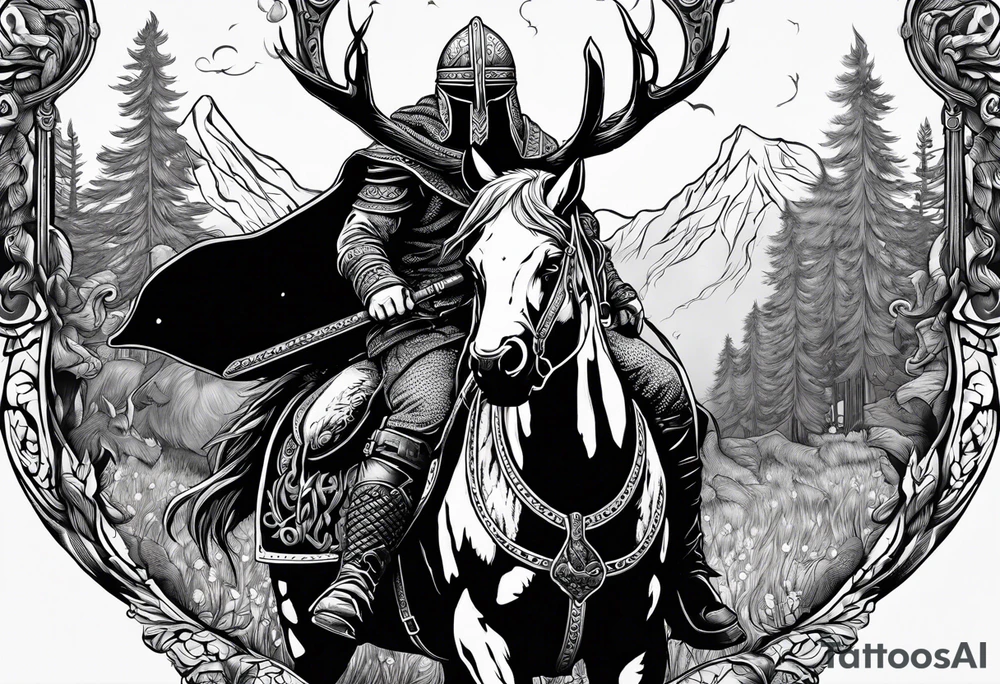 Hooded viking in the land of the dead riding on a stag with no face tattoo idea