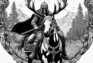 Hooded viking in the land of the dead riding on a stag with no face tattoo idea