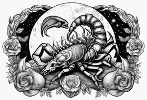 Scorpion crawling on ram skull with moon in background tattoo idea