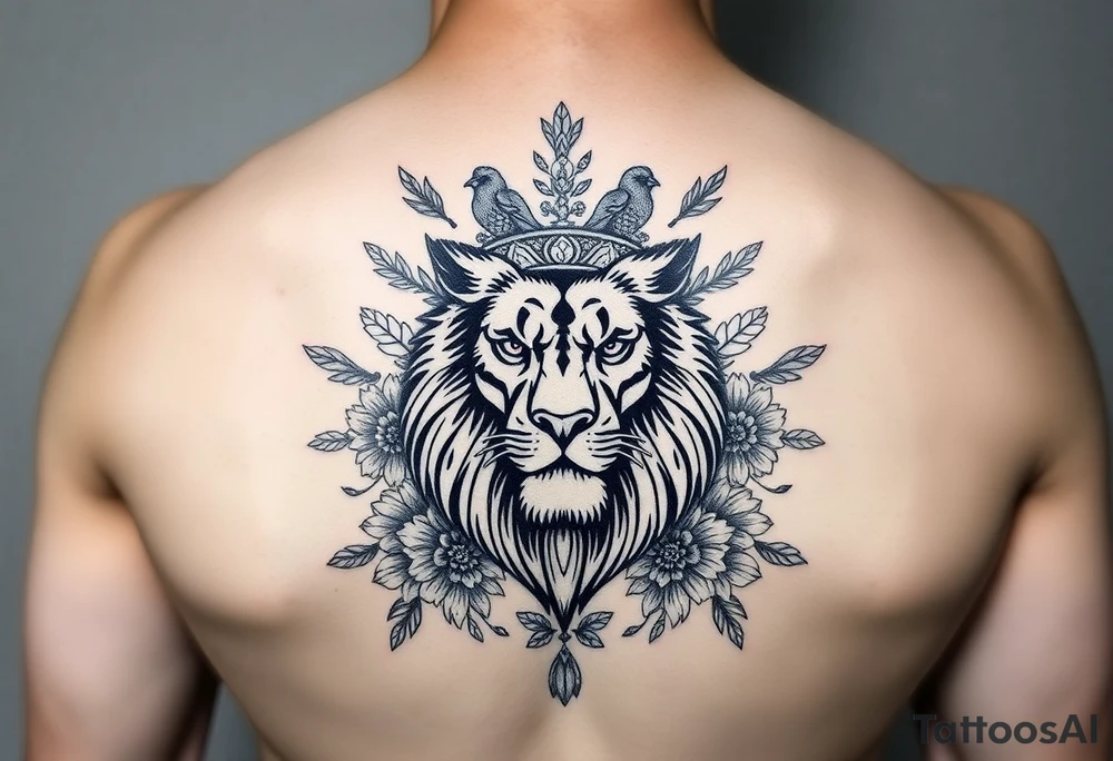 powerful majestic lion with a crown, surrounded by floral ornaments and birds tattoo idea