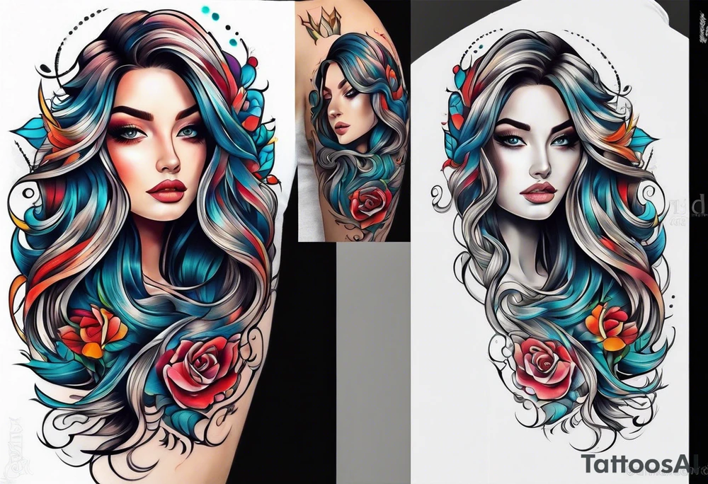 long hair flowing from shoulder to elbow tattoo idea