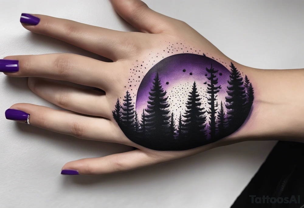 forest, abstract, on hand, no people, purple and black, full, whole wrist wrapped, filled, blackwork tattoo idea