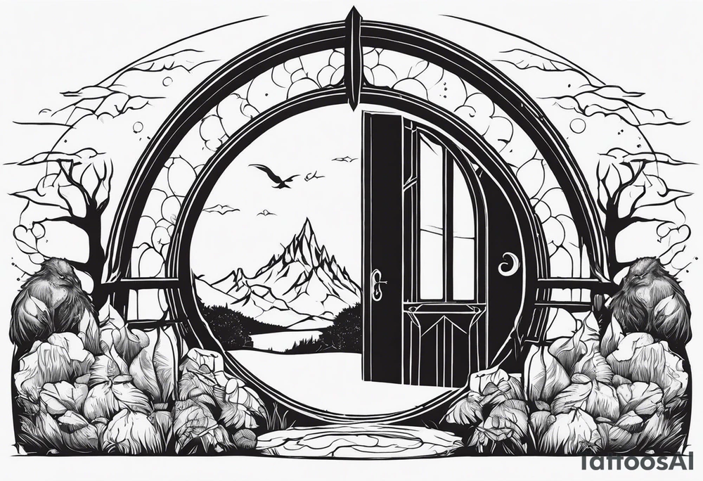 Lord of the rings main with Harry Potter mashup but clear independent visual of both movies. Small simple dainty fine line and minimal. No people silhouette in it. Not too much black. Hobbit door tattoo idea