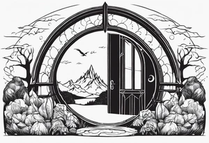 Lord of the rings main with Harry Potter mashup but clear independent visual of both movies. Small simple dainty fine line and minimal. No people silhouette in it. Not too much black. Hobbit door tattoo idea