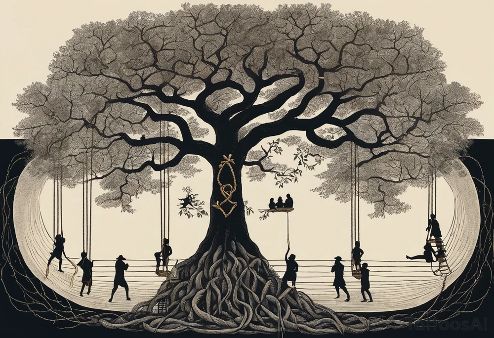 utopia picture of a tree at one level where above the surface is a group of people living in prosperity surrounding a tree. Below the surface the roots of the tree go down and turn into ropes and people are climbing these ropes to try and reach the above the surface. below the people climbing the ropes is hell, wih depicting of war slavery and death. going back to the top, above the tree is a perfection or heaven / nirvana. . include alchemical and occult symbols to depict this journey to enlightenment like religious or astrolligcal symblol. make it a full body tattoo stencil where the top of the tree would be at the chest and the ropes at the legs. tattoo idea