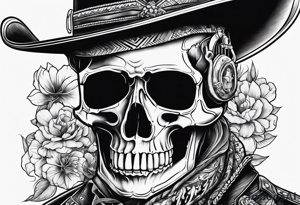 Combintion skeleton cowboy and music tattoo idea