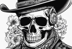 Combintion skeleton cowboy and music tattoo idea