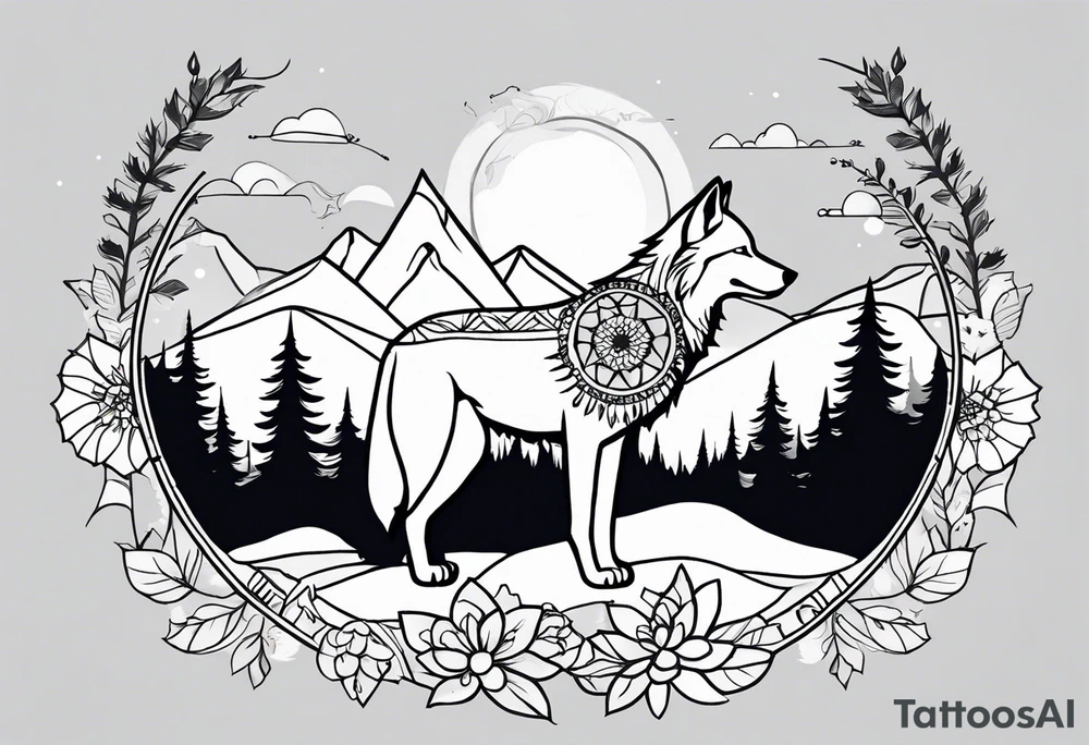 A whimsical wolf tattoo featuring mandala or dream catcher elements, with the wolf as the central focus, surrounded by mountains in the background. Include flowers and nature elements to fill the space around the wolf. Some color but not completely solid bold color tattoo idea