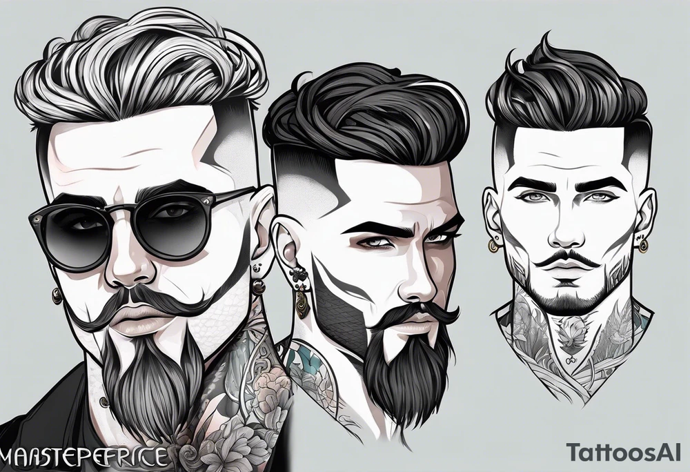 Male, slim build, oval face, sunken eyes, high cheek bones, hairstyle has fade on sides and long on top, tattoo idea