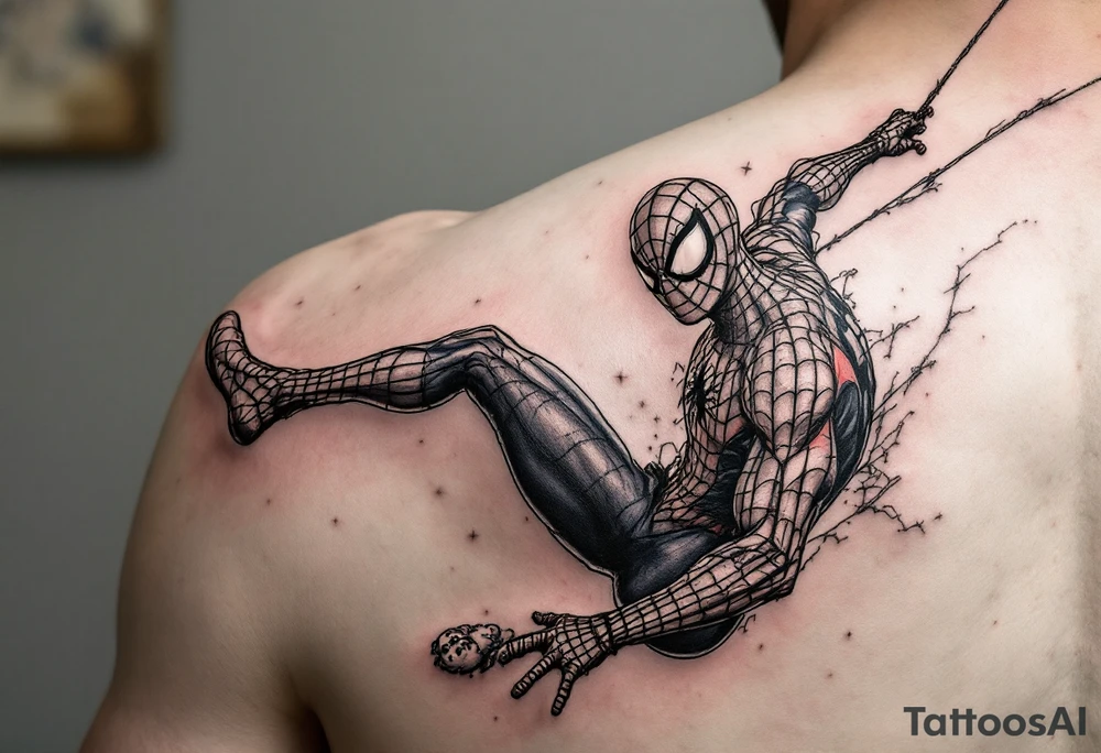 Full color spiderman swinging from a web with elmo tattoo idea